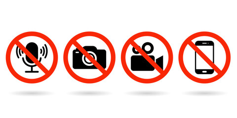 No Video, photo, phone, or sound recording forbidden icons. Photo, video, and phone prohibition symbol sign set. No photographing and filming prohibit icon logo collection. - obrazy, fototapety, plakaty