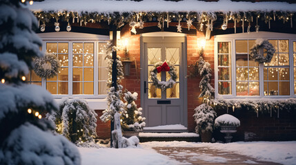 Christmas in the countryside, cottage and garden decorated for holidays on a snowy winter evening with snow and holiday lights, English country styling - obrazy, fototapety, plakaty