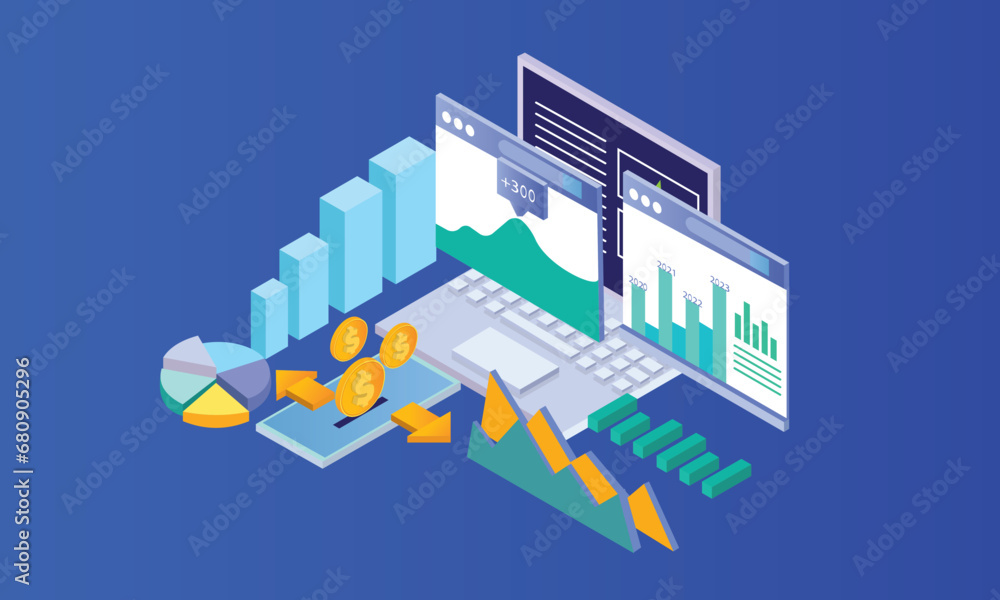 Poster isometric data analysis for website and mobile website, landing page template.on blue background.3d 