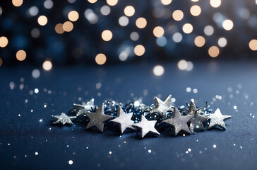 Fototapeta na wymiar Artistic backdrop for Christmas featuring petite silver stars, sparkling glitter, and bokeh elements against a deep navy blue background.