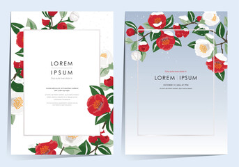 Vector Illustration of Floral Frame Set with Snowfall on Fully Bloomed Camellia Branches 	