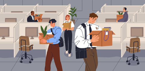 Layoff, staff reduction and dismissal concept. Fired dismissed redundant employees, office workers leaving company, workplace. Personnel redundancy, downsizing, team cuts. Flat vector illustration - obrazy, fototapety, plakaty