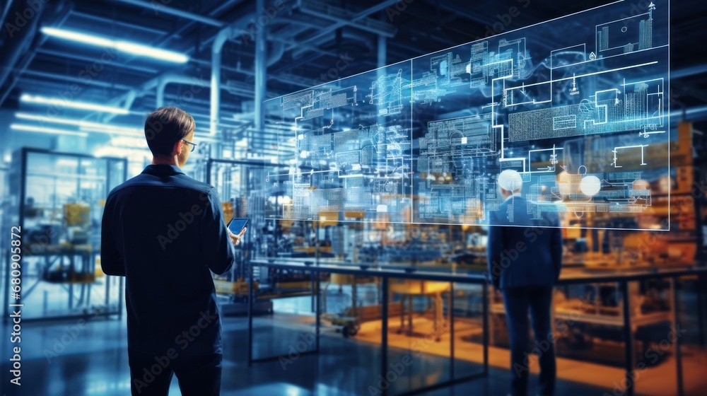 Poster futuristic technology concept: team of engineers and professional workers in a heavy industrial prod