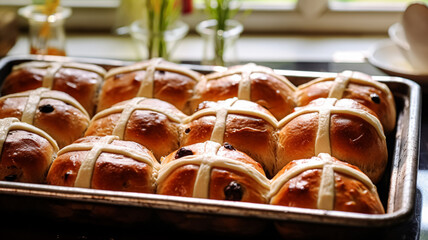 Hot cross buns in English country cottage, Good Friday, religious holiday and british cuisine recipe
