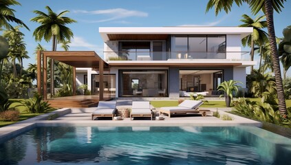 Fototapeta premium A Serene Oasis: A House with a Sparkling Swimming Pool in the Front Yard