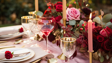 Wedding and event celebration tablescape with flowers, formal dinner table setting with roses and wine, elegant floral table decor for dinner party and holiday decoration, home styling