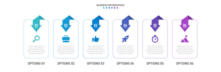 Timeline infographic with infochart. Modern presentation template with 6 spets for business process. Website template on white background for concept modern design. Horizontal layout.