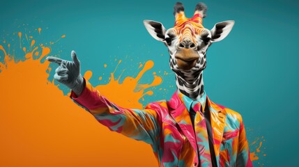 Funny giraffe in a bright suit on a blue and orange isolated background in pop art style. Creative animals in Africa. - obrazy, fototapety, plakaty