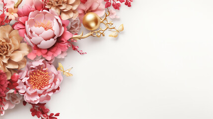 Chinese new year, Year of Dragon,lunar new year,golden dragon,festival,pink peony, lanterns, chinese lanterns, lamp, moon,Greeting card,paper cut,wall paper, background,with space for your text