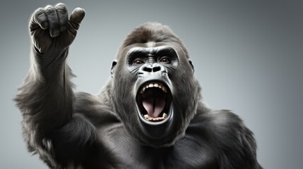 gorilla kong is angry and screams, a wild animal on a gray background calling with one hand to victory
