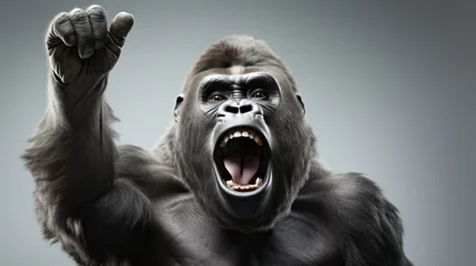 Foto op Plexiglas gorilla kong is angry and screams, a wild animal on a gray background calling with one hand to victory © Eugenia