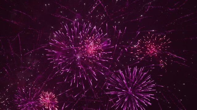 Fireworks in night sky after celebration. The color is red and violet