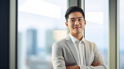 オフィスで働く笑顔のビジネスマン