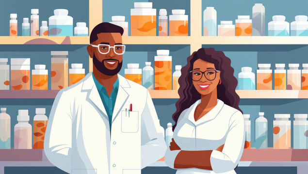 Vector illustration of two smiling multiracial pharmacists standing together in a pharmacy