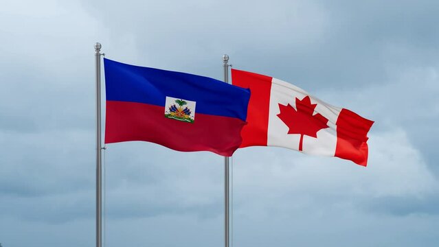 Canada and Haiti flag waving together on cloudy sky, endless seamless loop, two country cooperation concept