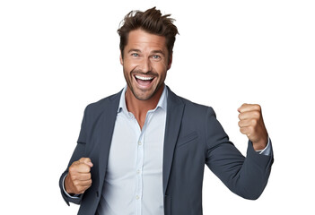 portrait of handsome smiling man clenching his fists upward celebrating victory looking at the camera on transparent background - obrazy, fototapety, plakaty