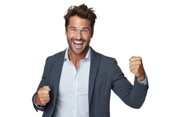 Foto op Plexiglas portrait of handsome smiling man clenching his fists upward celebrating victory looking at the camera on transparent background © Renata Hamuda