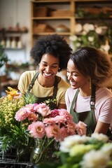 Two cheerful female florists, radiating joy and camaraderie, collaborate on creating a stunning floral arrangement.