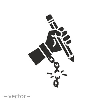 Icon Of Hand Holding A Pencil, Breaking Chain, Stop Exploitation And Start Education, Flat Symbol - Editable Stroke Vector Illustration