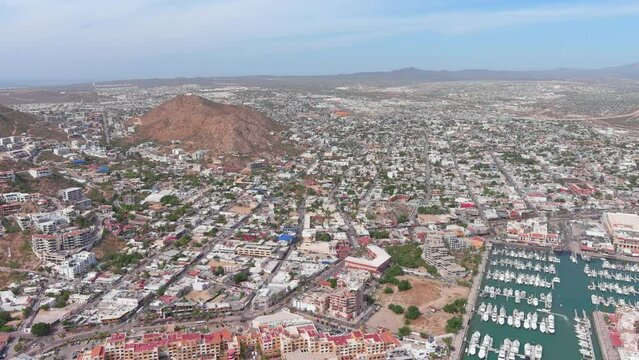 Mexico, Cabo San Lucas: Aerial view of famous resort city on southern tip of Baja California peninsula - landscape panorama of Latin America from above