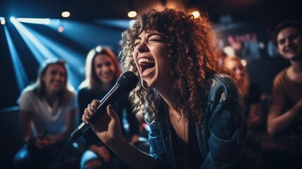 woman and friends singing at a karaoke party in a night club - obrazy, fototapety, plakaty