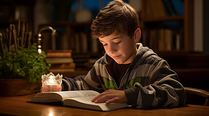 Cute little boy doing homework while sitting at the table in the evening