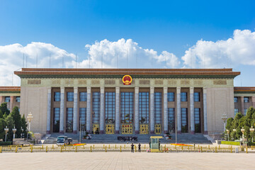 Front facade of the Great Hall of the People on the Tiananmen square in Beijing, China - obrazy, fototapety, plakaty