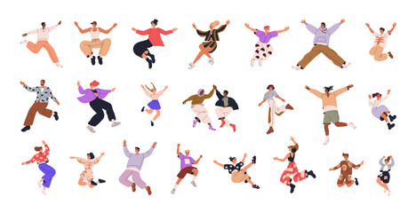 Happy joyful jumping characters set. Active energetic cheerful people celebrating success, victory. Young emotional men, women triumph. Flat graphic vector illustrations isolated on white background