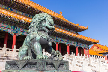 Bronze lion at the Hall of Supreme Harmony in the Forbidden City in Beijing, China