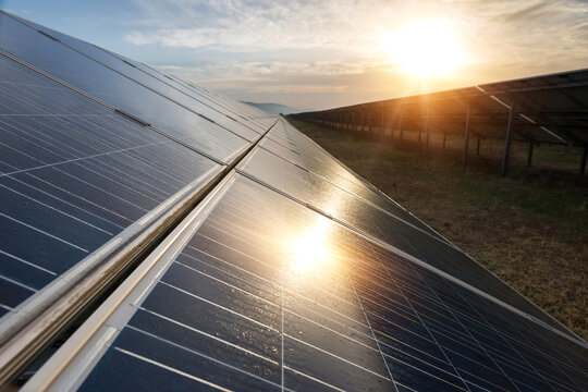 Solar panels, photovoltaics, alternative source of electricity - concept of sustainable and renewable sources. Low light morning down shot with natural sun reflection and dew drops. Selective focus.