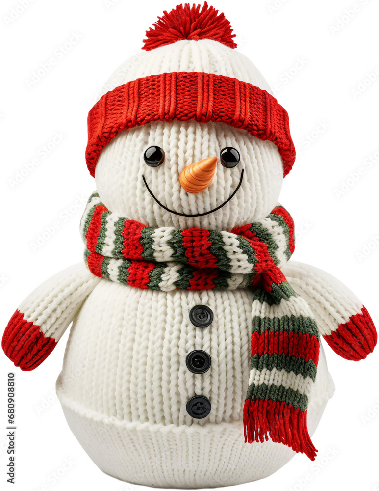Wall mural Red Cozy Knitted Snowman, Isolated on Transparent Background - Wall murals
