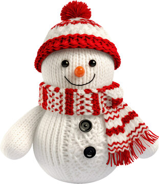 Isolated Transparent Background: Cute Cozy Knitted Snowman in Red