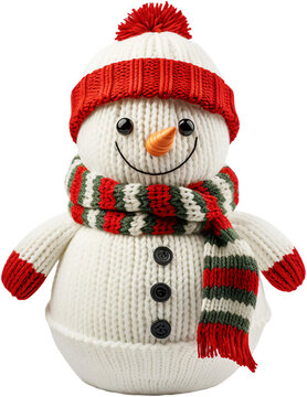 Red Cozy Knitted Snowman, Isolated on Transparent Background