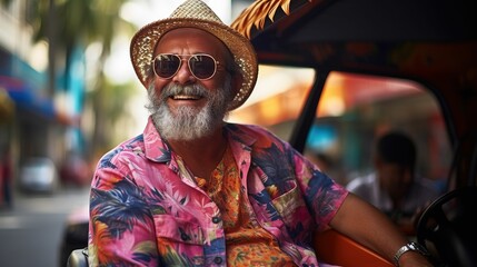 Obraz premium Vibrant Summer in Bangkok Portrait of a Happy Mature man in Colorful Attire
