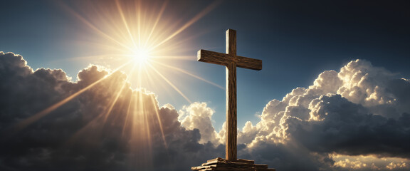 Wooden cross with dramatic sky sunset and sunbeams