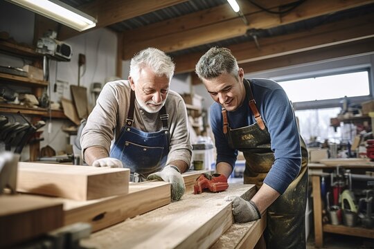 Senior male carpenter assists younger colleague with measuring and cutting wood in carpentry workshop. Experienced carpenter shares knowledge and expertise with apprentice.