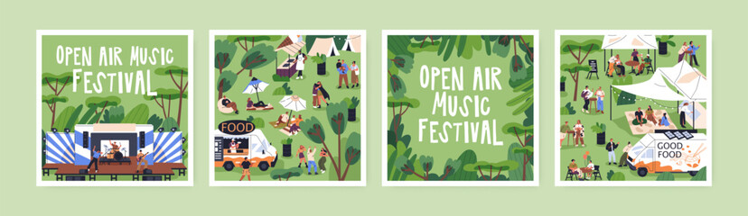 Open-air festival, outdoor summer concert, public picnic in park. Square card designs for food and music fest, vacation party, entertainment event in nature. Isolated flat vector illustrations set - obrazy, fototapety, plakaty