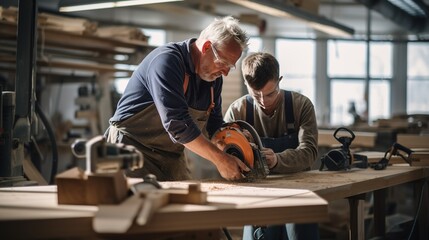 Senior male carpenter assists younger colleague with measuring and cutting wood in carpentry workshop. Experienced carpenter shares knowledge and expertise with apprentice.