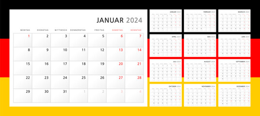 Calendar 2024 in German. Wall quarterly calendar for 2024 in a classic minimalist style. Week starts on Monday. Set of 12 months. Corporate Planner Template. A4 format horizontal. Vector graphics
