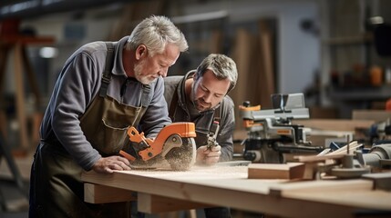 Senior male carpenter assists younger colleague with measuring and cutting wood in carpentry workshop. Experienced carpenter shares knowledge and expertise with apprentice.