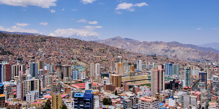 La Paz city and view of Mount Illimani, Bolivia.