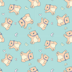 Seamless Pattern of Cute Cartoon Bear and Heart Design on Green Background