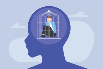 Obraz premium Businessman sitting inside human head in closed prison cage of thought, depression and loneliness mental health 2d flat vector illustration