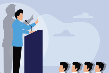 Speaker giving a speech from a lectern with microphones in front of an audience 2d flat vector illustrationon - obrazy, fototapety, plakaty