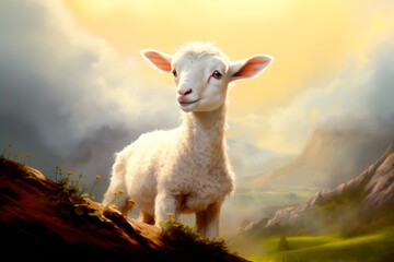 Naklejka premium A lamb standing in a green grassy field and clouds against the blue skies. Innocence and sacrifice concept. No people
