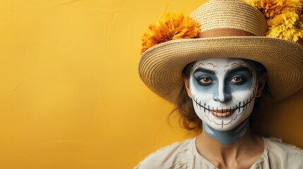 Scary. Young girl like Santa Muerte Saint death or Sugar skull with bright make-up. Portrait isolated on dark green studio background with copyspace. Celebrating Halloween or Day of the dead.