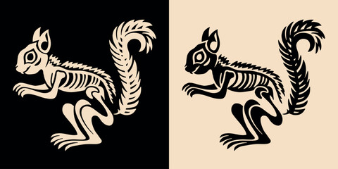 Squirrel skeleton illustration for gothic Christmas decorations. Creepy holiday season dark academia aesthetic. Scary Creepmas animals decor. Minimalist vector illustration for printable products.