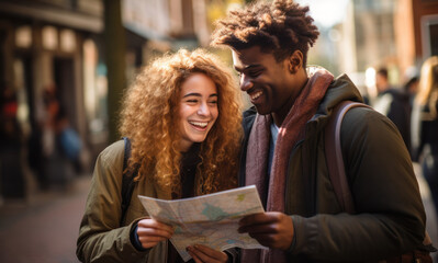 An African American guy and a girl are standing on the city street with a map in their hands, smiling, generative AI