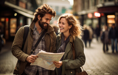 A guy and a girl are standing on the city street with a newspaper in their hands, smiling, generative AI





