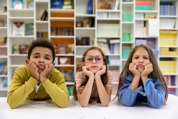Classmates pupils posing in library or classroom.